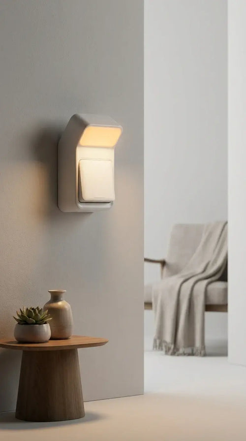 Aleaf wire-free wall lamp mounted in a hallway with no outlet