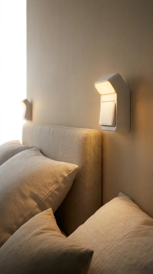 Aleaf magnetic wall lamp glowing warm above a bed headboard at night
